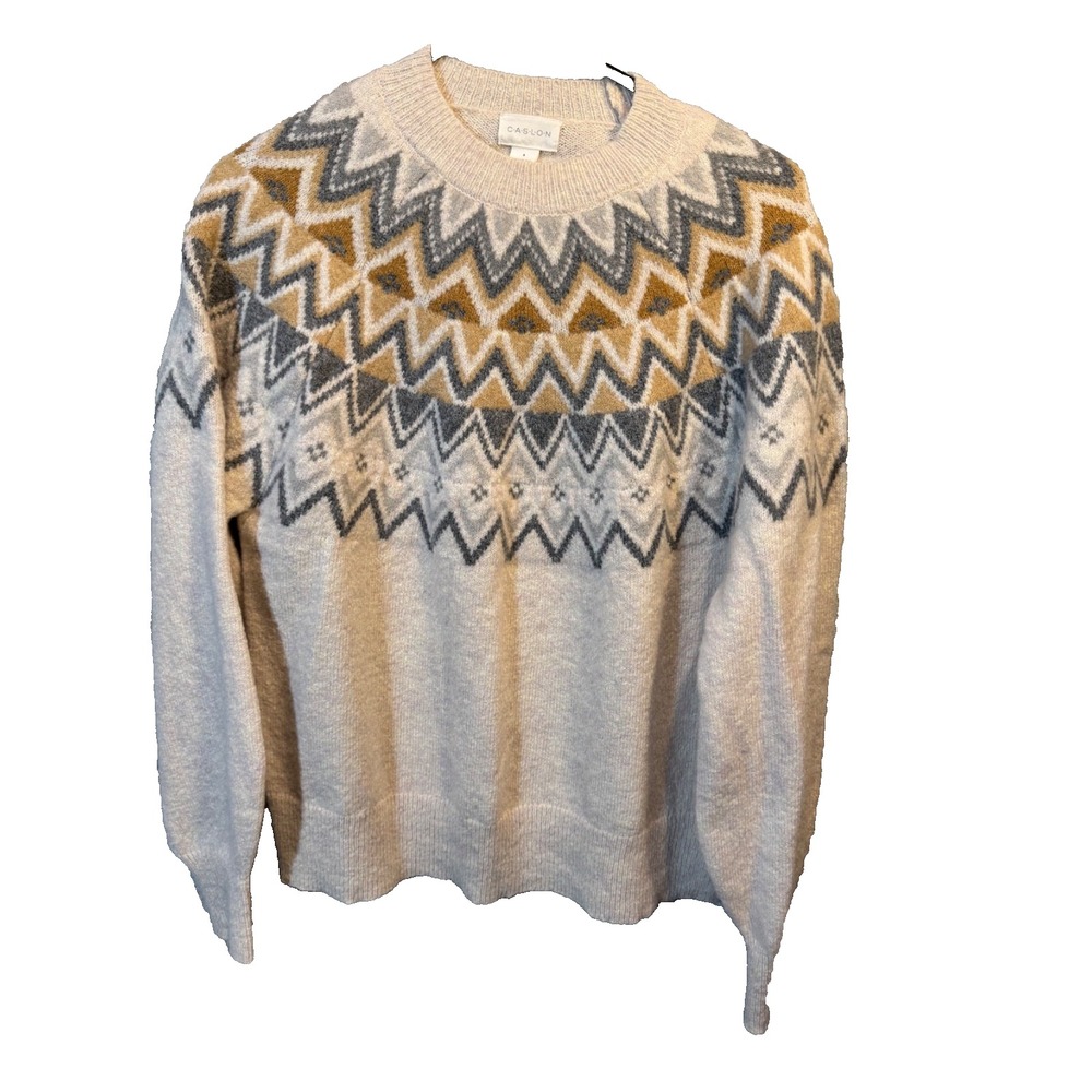Caslon Womens Beige gray Fair Isle Mock Neck Sweater Size Small polyester Blend